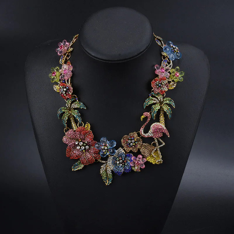 Colorful Rhinestone Flamingo Statement Necklace for Women