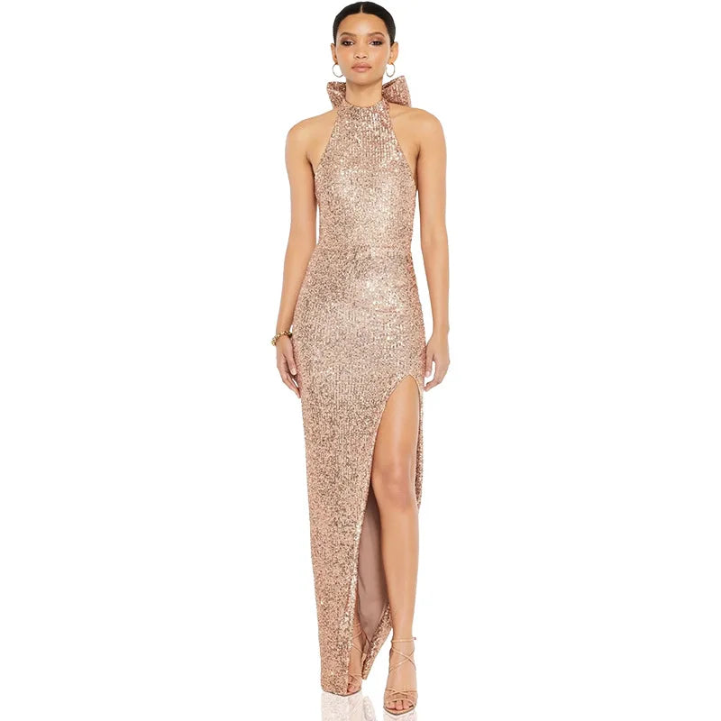 Glitter Sequin Bow Halter Elegant Maxi Dress for Women