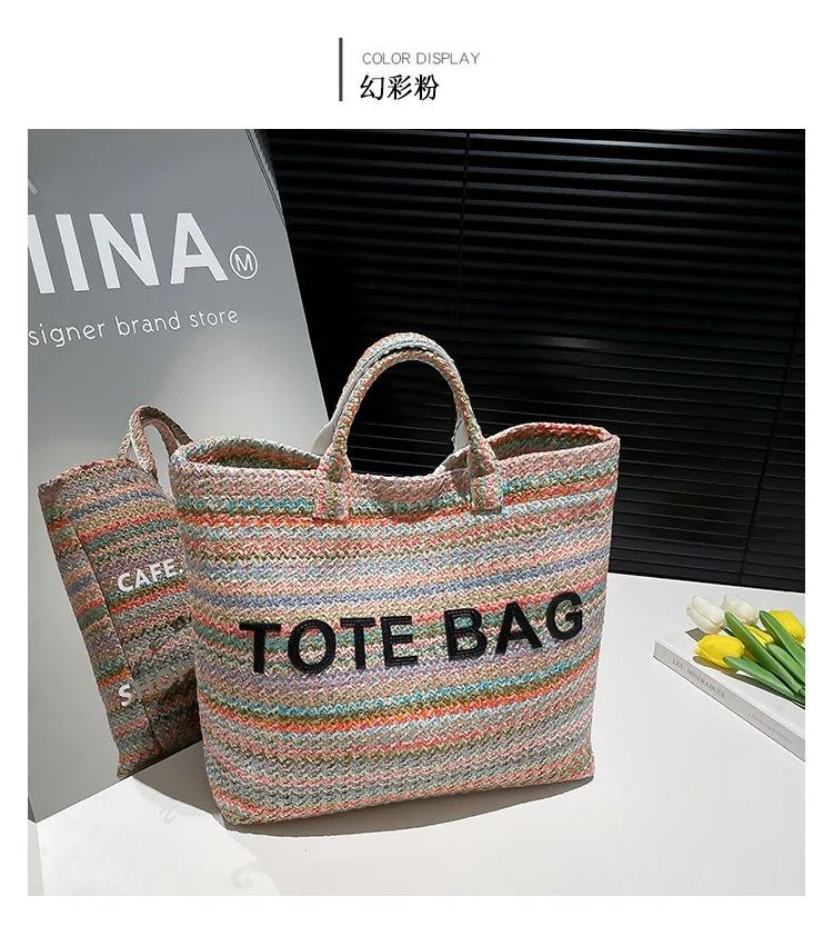 Large capacity beach woven bag, colorful striped tote bag, letter contrasting handbag for women