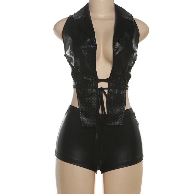 Sleek Black Leather Sleeveless Backless Two Piece Set for Women