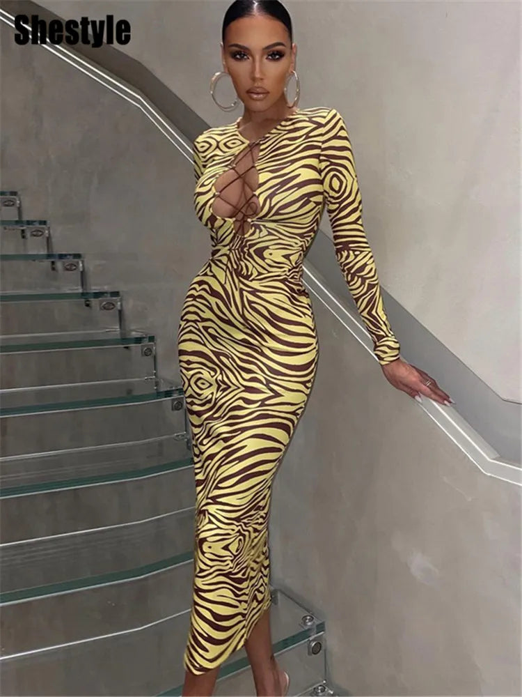 Zebra Print Hollow Out Bodycon Midi Dress for Women