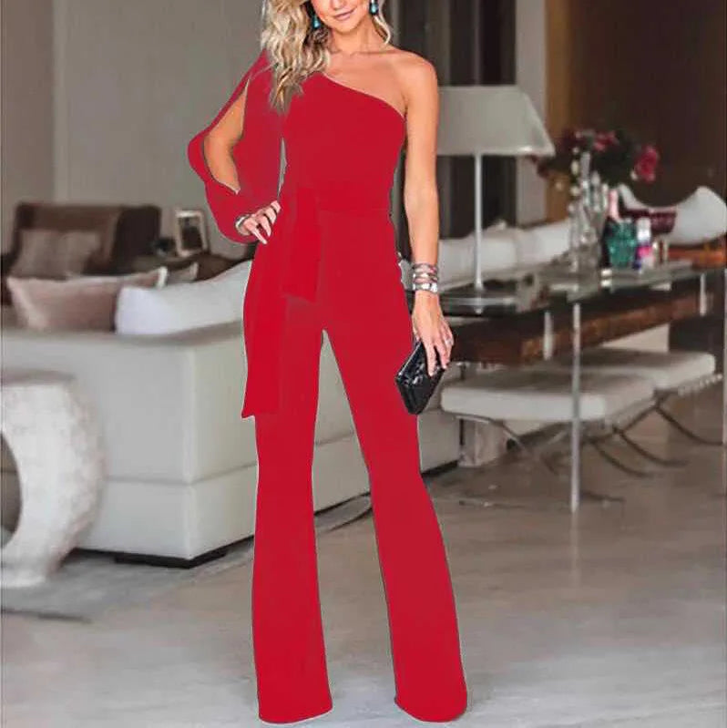 Solid Color Off-Shoulder Lace-Up Slim High Waist Jumpsuit for Women