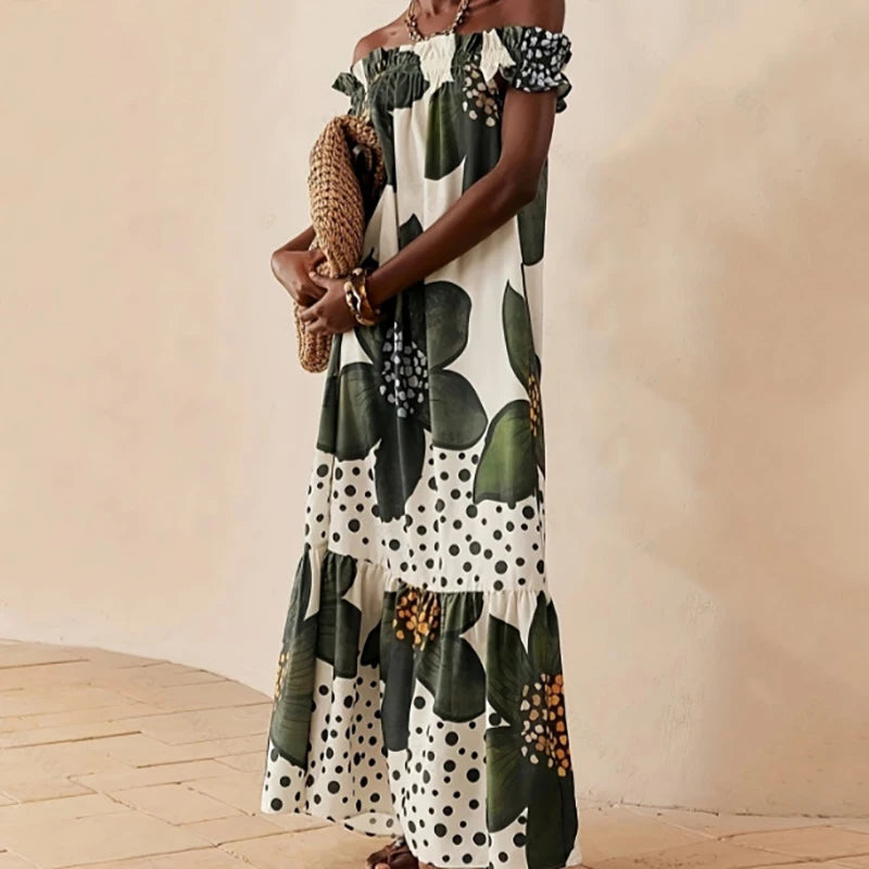 Sexy Off Shoulder Hight Waist Holiday Dress Fashion Pattern Print Loose Party Dress Women's Casual Short Sleeve Bohe Long Dress