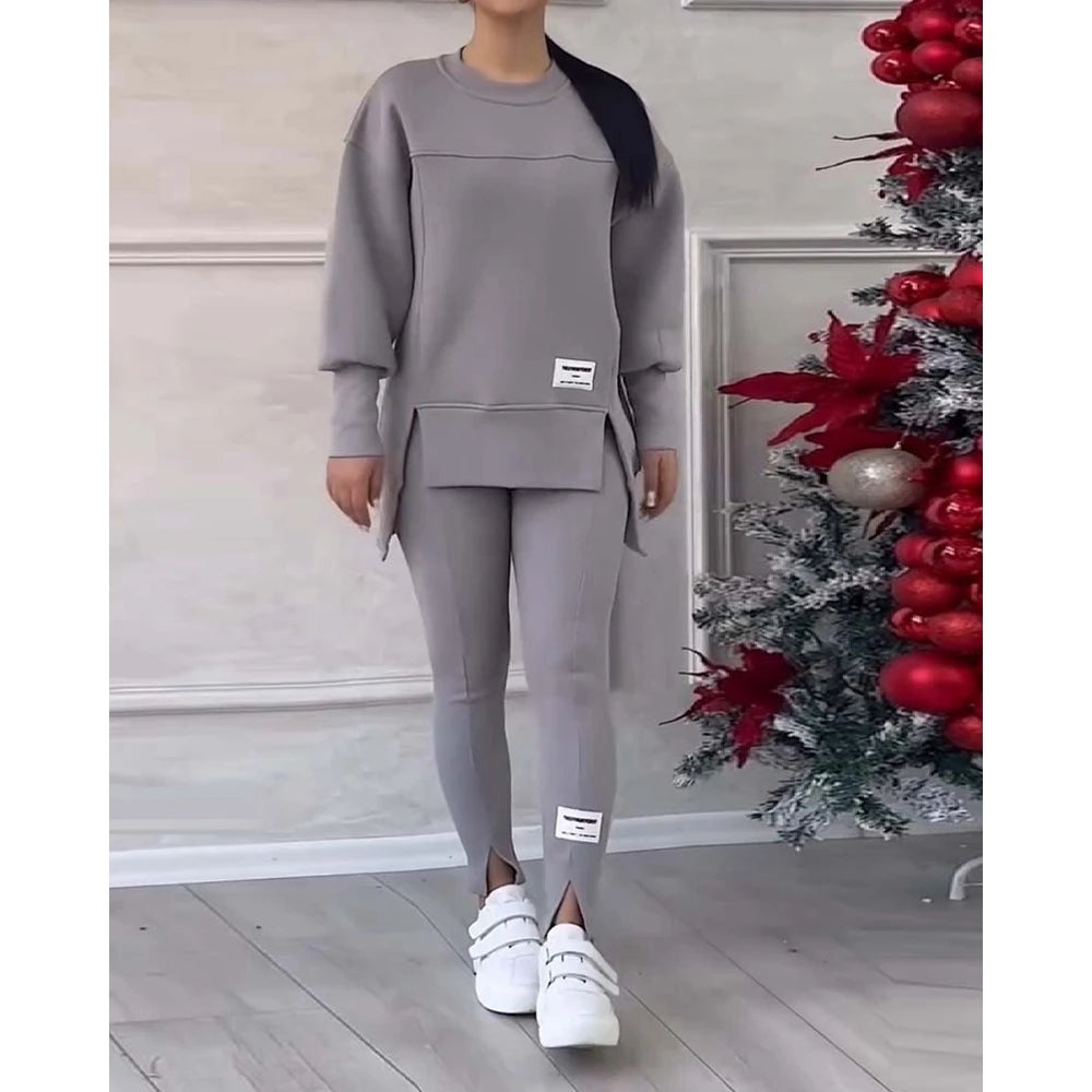Sporty O-neck Long Sleeve Asymmetrical Sweatshirt & Skinny Pants Set Two Piece Outfits Tracksuit Sets Fall Clothing