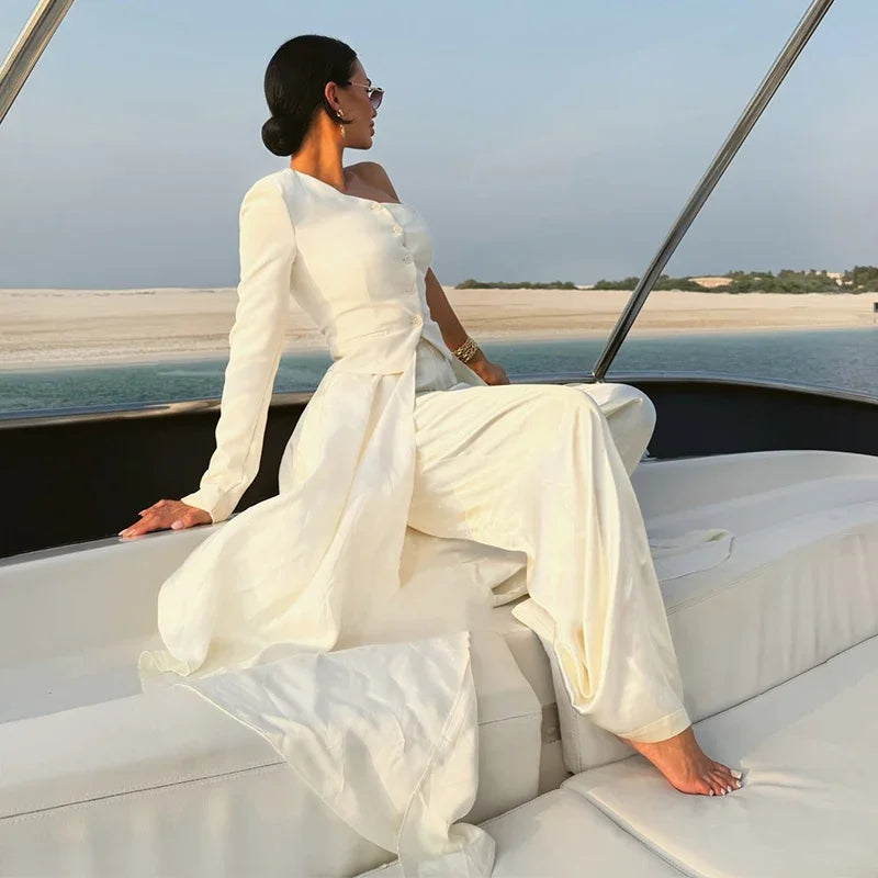 Chic White Lace Patchwork Long Blazer Set for Women