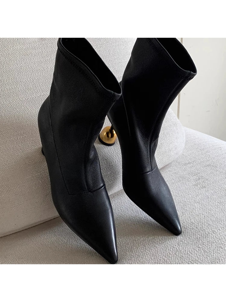Pointed Toe Pleated Soft Leather Ankle Boots For Women