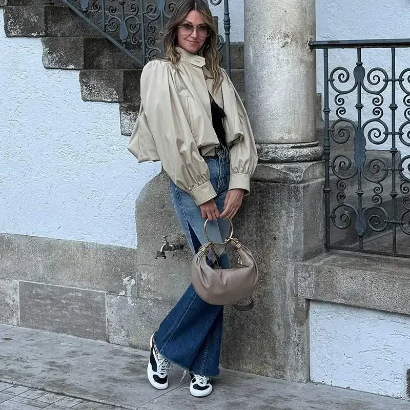 Lightweight Standup Collar Solid Short Jacket for Women