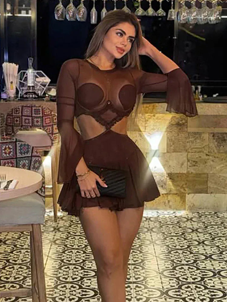 Weird Puss Waistless Pleated Hem Dress Women See Through Sexy Midnight Full Sleeve Coquette Clubwear Party Rave Mini Bodycon