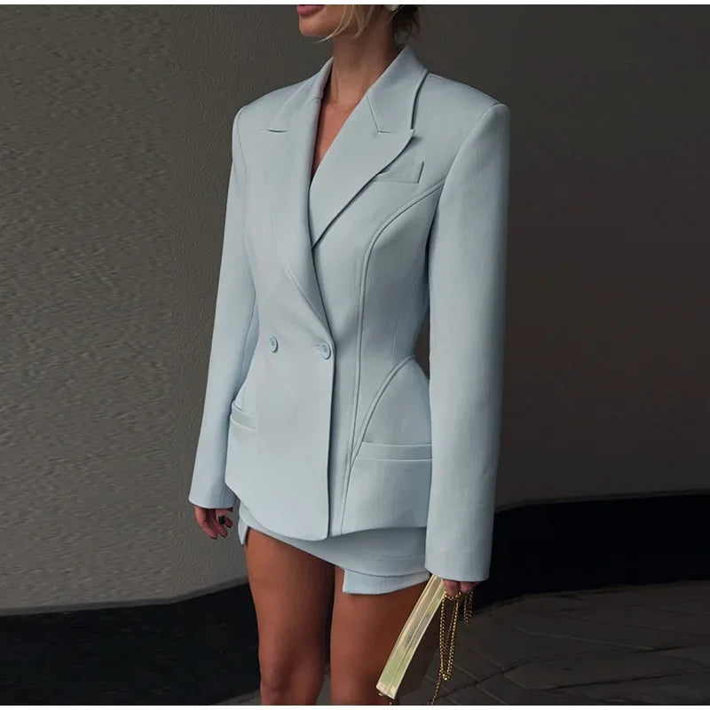 Double-Breasted Blazer and Mini Shorts Set for Women