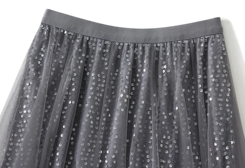 Sparkling Mesh A-Line Pleated Knee-Length Skirt for Women
