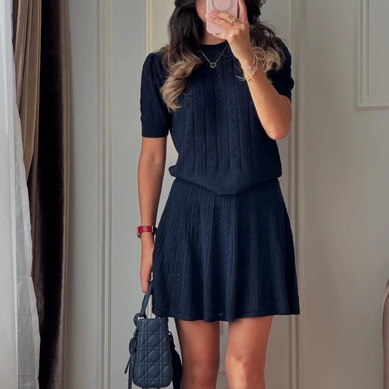 Elegant Hollow Out Two Piece Mini Skirt Set for Women