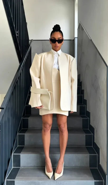 Minimalist White Tailored Blazer and Skirt Set for Women