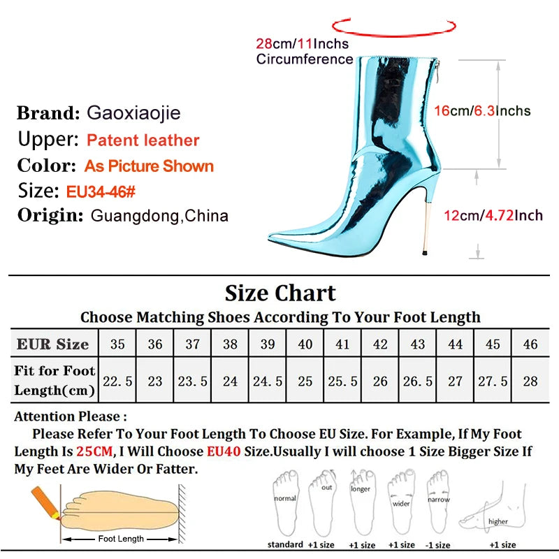 Shiny Blue Mirror Stiletto Boots with Side Zipper for Women