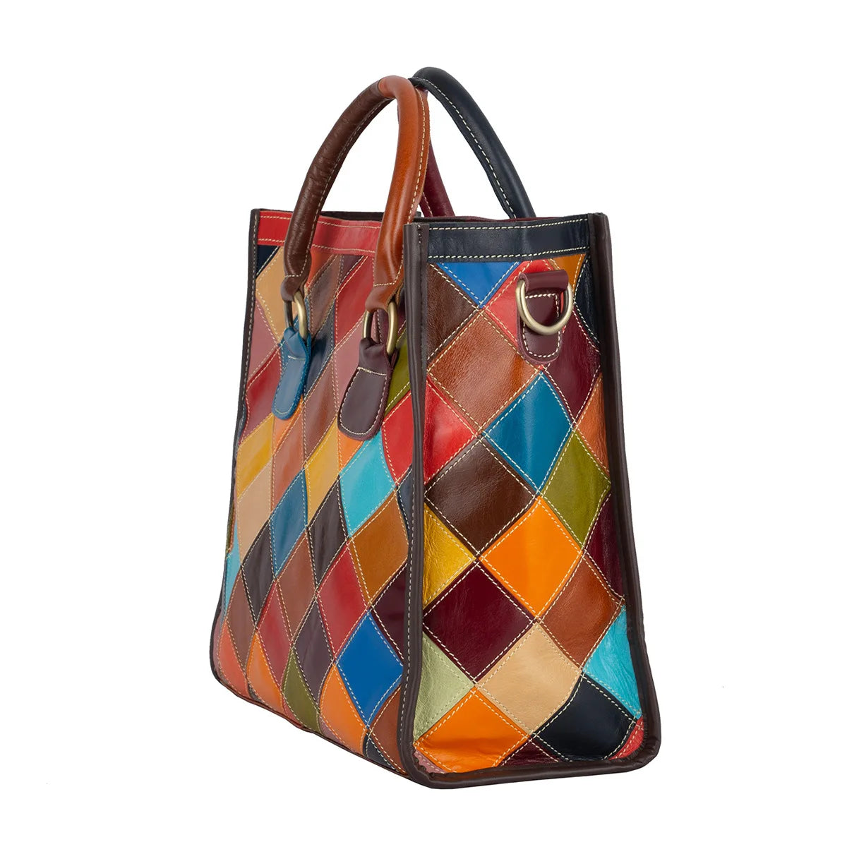 Genuine leather women's bag, ethnic style color contrasting design, large capacity tote bag, women's handbag
