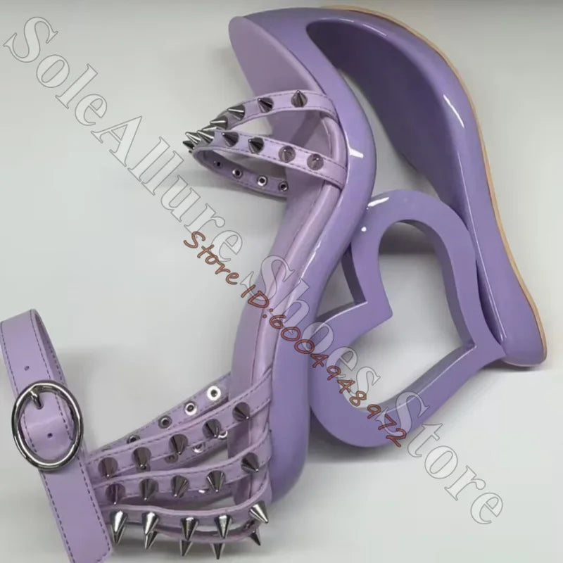 Glossy Patent Leather Spiked Heart Cage Wedge Sandals For Women
