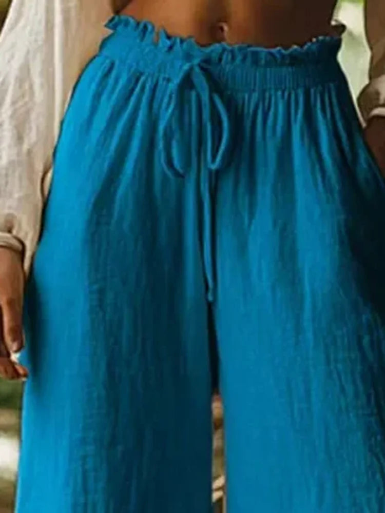 Women's Cotton and Linen Casual Loose Wide Leg Pants Autumn Retro Elastic Waist Drawstring Tied Pocket Pants Ethnic Vacation