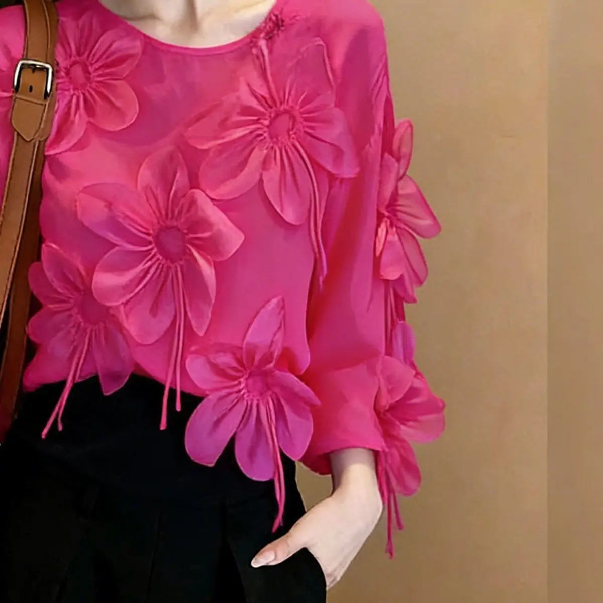 Three Dimensional Flower Lightweight Long Sleeve Top for Women