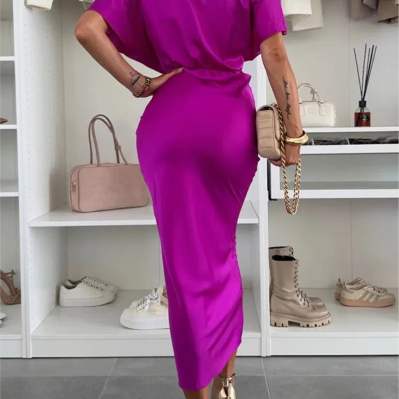 2025 Womens Satin Dresses Summer Khaki Black Blue Dress Woman V-Neck Bat Sleeve Vestidos Elegant Luxury Dresses