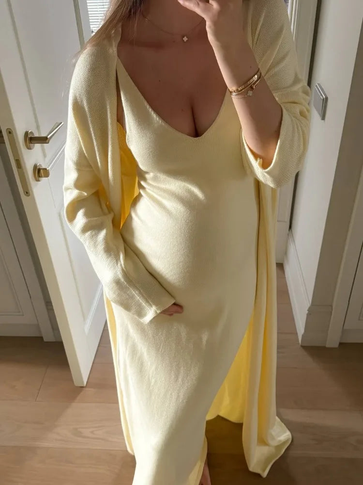 V-Neck Ribbed Knit Maxi Dress Set