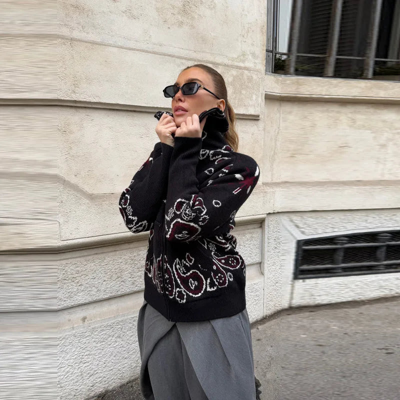 Gray Jacquard Knit Loose Cardigan Long Sleeve Casual for Women