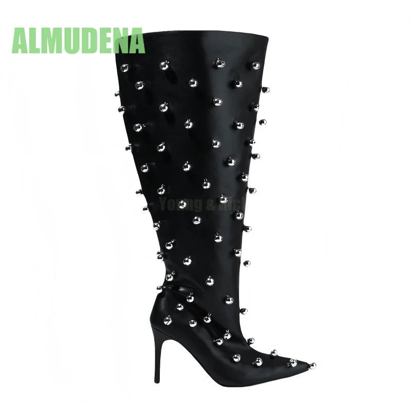 Minimalist Rivet Pointed Toe Mid Calf Stiletto Boots for Women