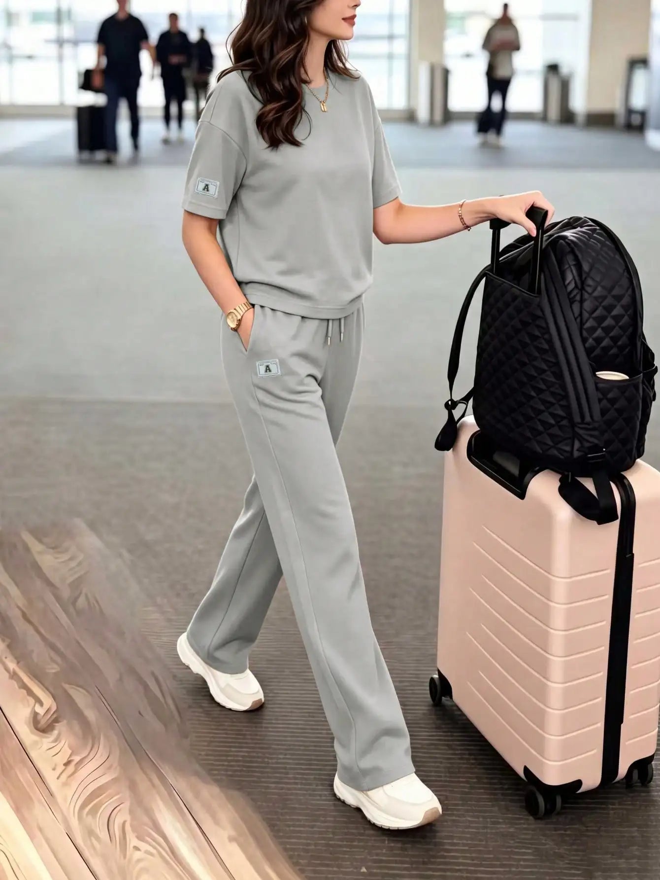 Women's casual two-piece set: crew neck T-shirt paired with long stretchy pants, comfortable loungewear set with pockets