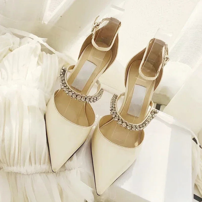 Crystal Embellished Pointed Toe Patent Leather Buckle Heels for Women