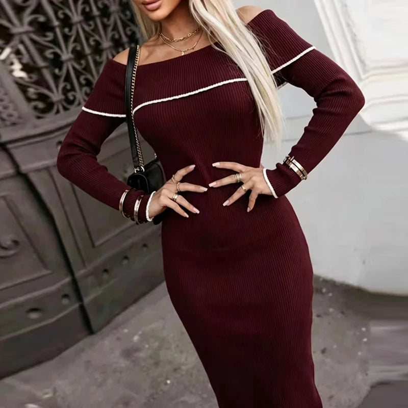 Off Shoulder Knit Midi Office Dress With Hollow Out Detail for Women