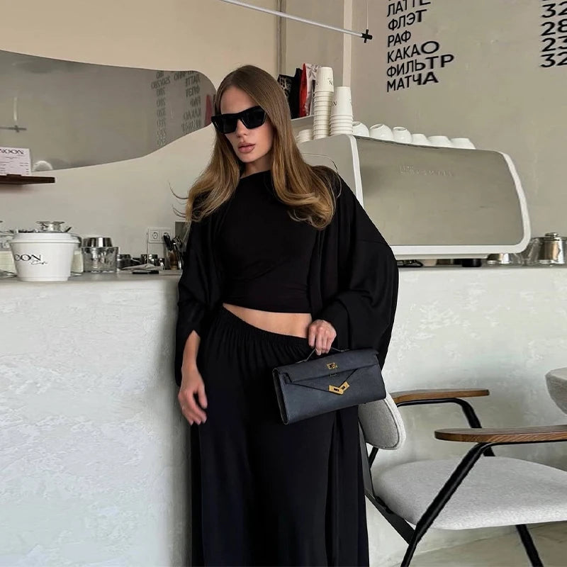 Casual Three Piece Shirt, Coat And Wide Leg Pants Set for Women