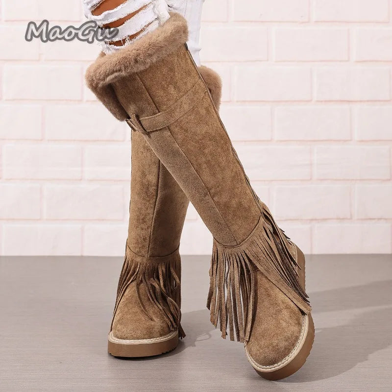 Faux Fur Lined Suede Knee High Fringe Boots for Women