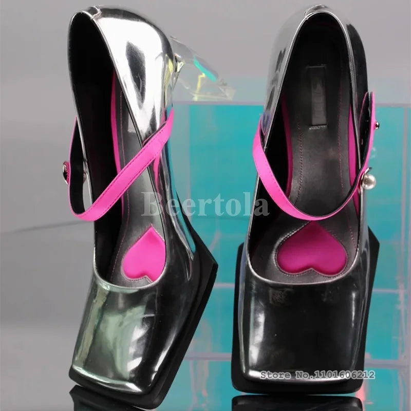 Silver Patent Leather Square Toe Mary Jane Pumps For Women