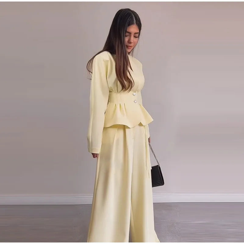 V-Neck Ruffle Coat and Wide Leg Pants Two-Piece Set for Women
