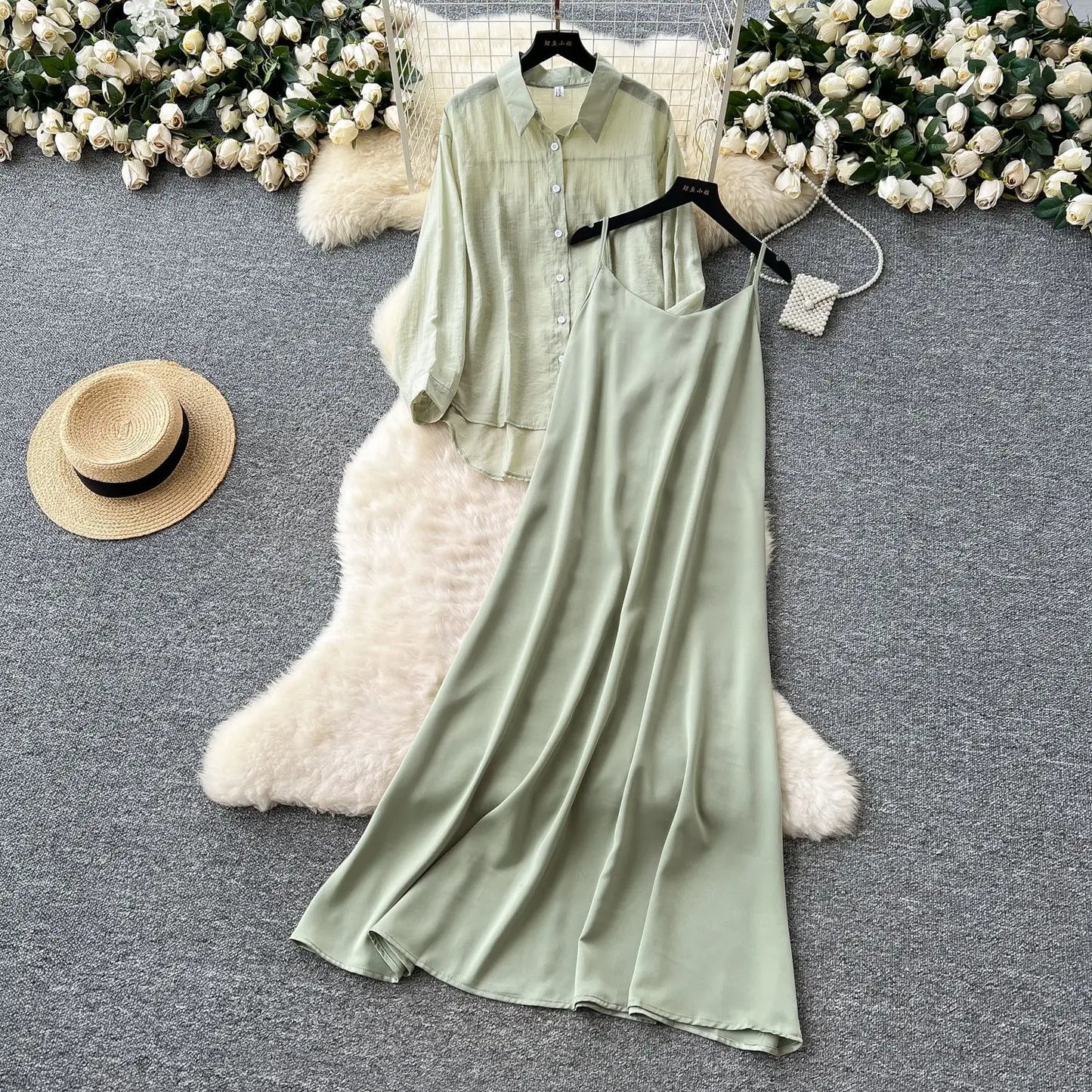 Elegant Long Sleeve Turn Down Collar Solid Color Two Piece Set for Women