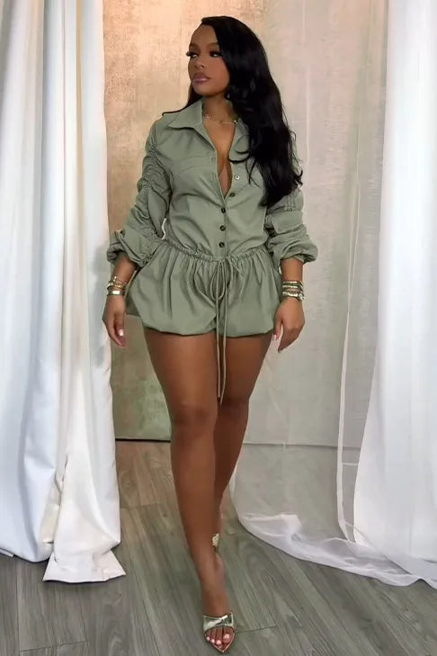Elegant Ruched Drawstring Lantern Sleeve Romper for Women