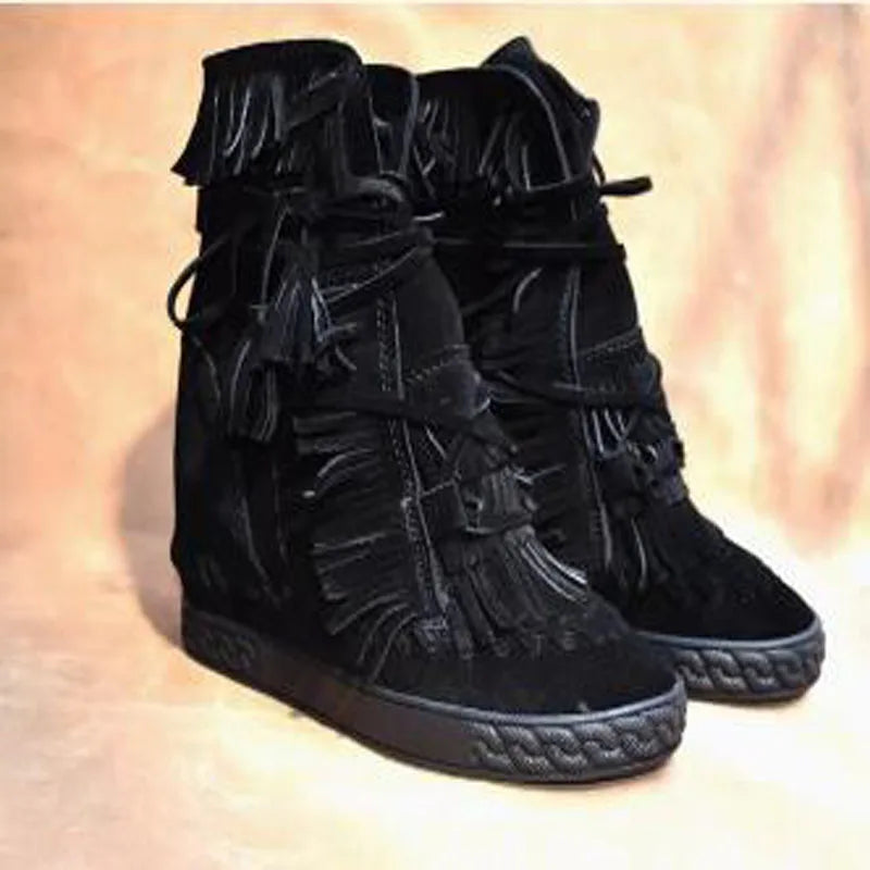 Girls Beige Black Gray Pink Suede Genuine Leather Round Toe Tassel Fringed 8 CM Height Increasing Wedges Sneakers Ankle Boots