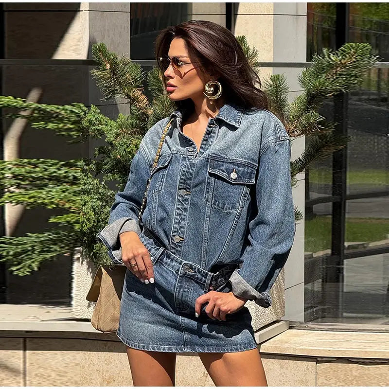High Waisted Acid Wash Denim Two Piece Set For Women
