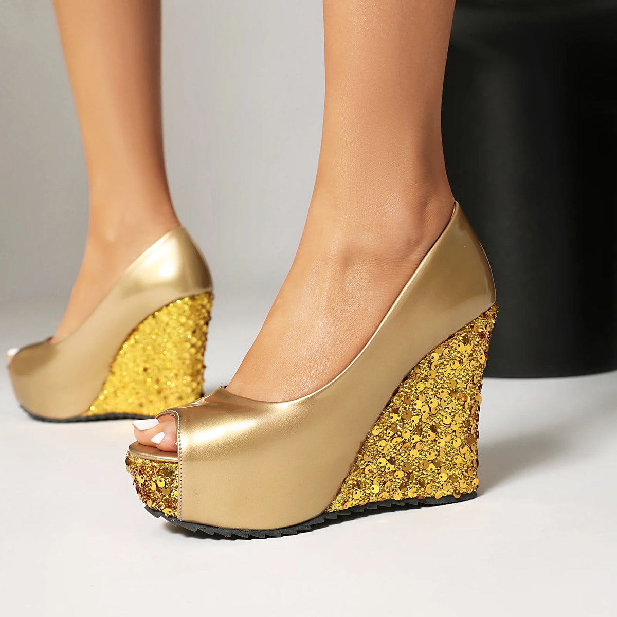 Sparkly Sequin Peep Toe Platform Wedge Sandals for Women
