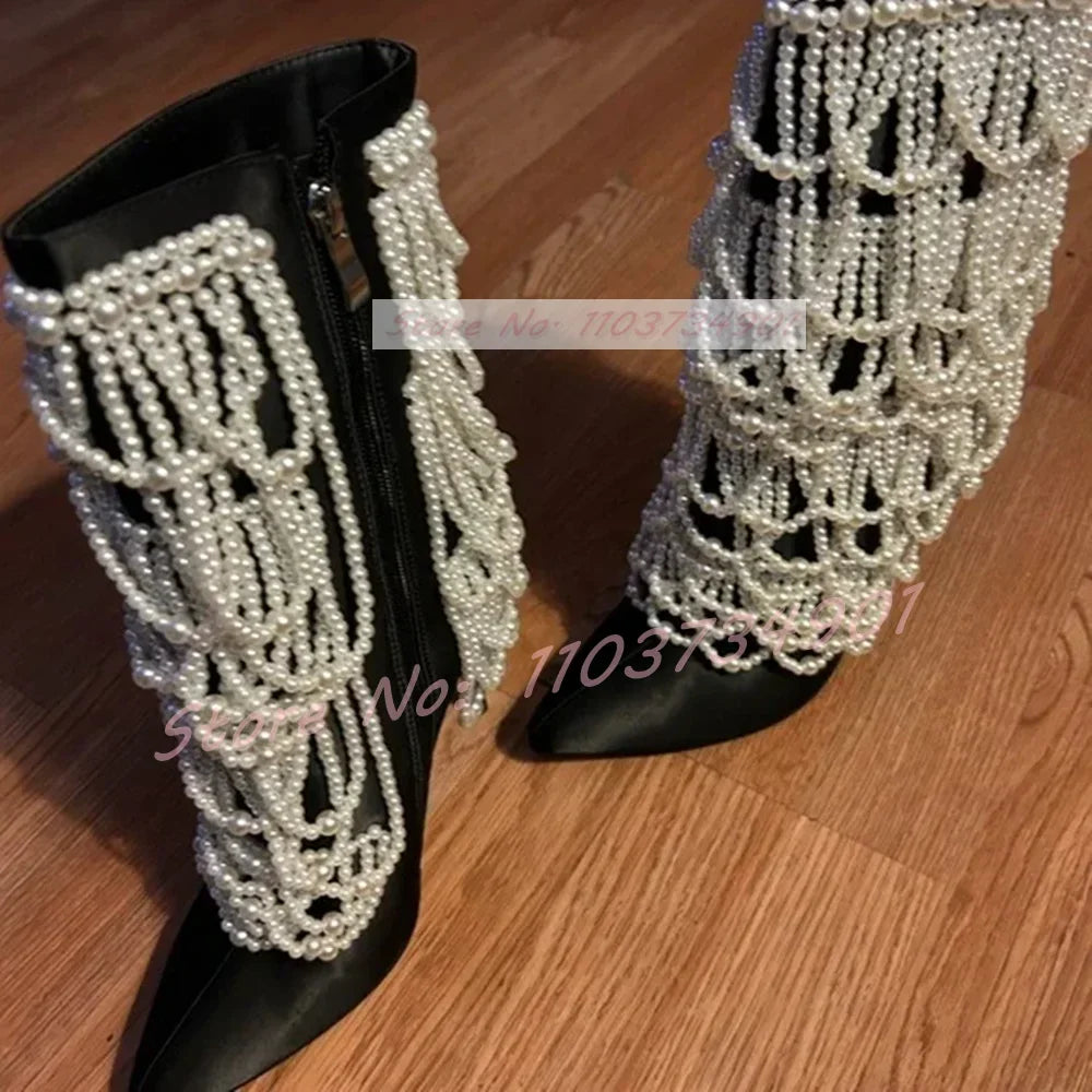 Pearl Chain Embellished Satin Mid Calf Pointed Toe Boots for Women