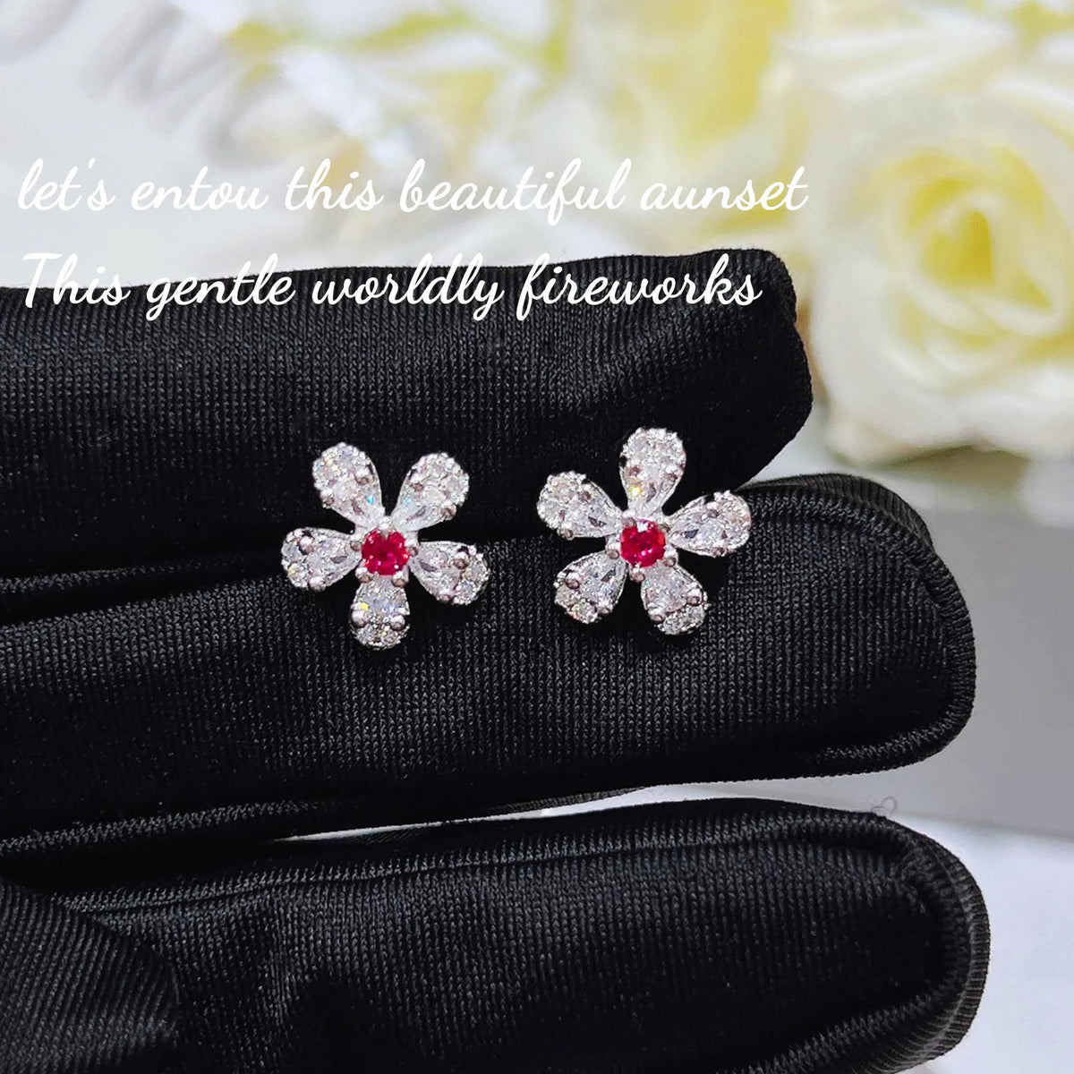 Cherry Blossom Zircon Necklace, Earring, and Ring Set for Women