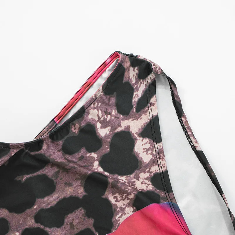 FAGADOER Sexy Leopard Floral Print Two Piece Outfits Woman Skew Collar Bandage Tank Tops + Skinny Pants Matching Streetwear New