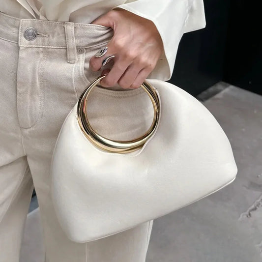 2025 Metallic Round Handle Handbag Evening Bags for Women New Soft Vegan Half Moon Wedding Clutch Purse PU Leather Shoulder Bags