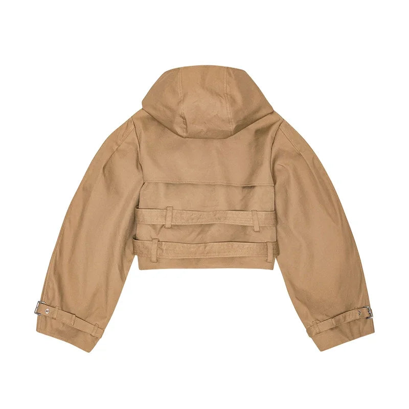 Khaki Cotton Blended Double Breasted Puff Sleeve Coat For Women