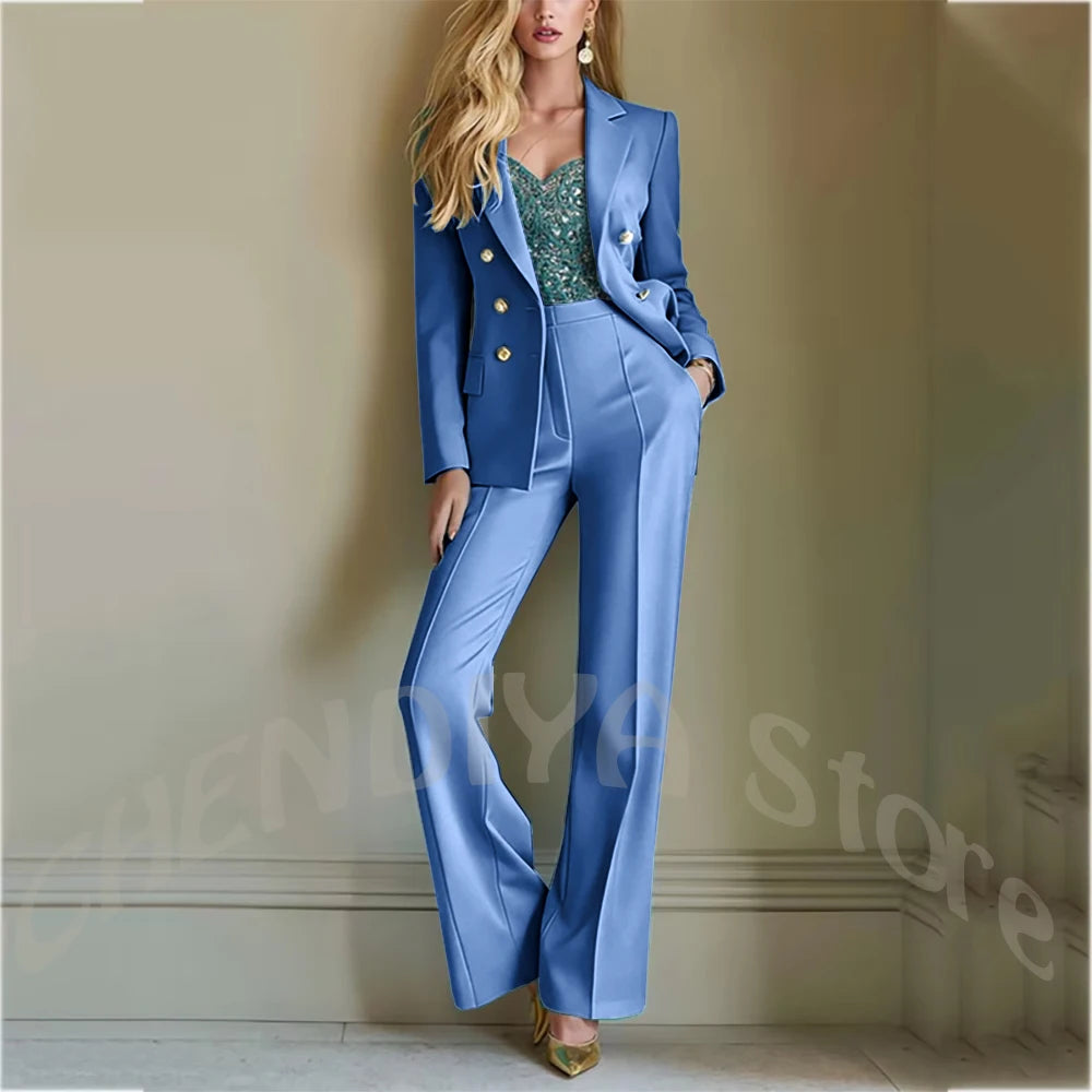 Solid Color Suit For Women High Quality Double Breasted Two Piece Notch Lapel Slim Fit Elegant Fashion Female Outfit Jacket Pant