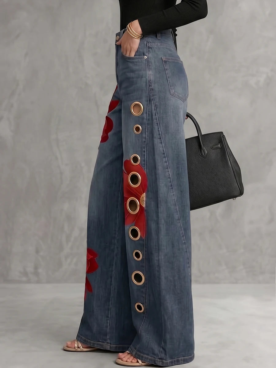 Bonboho Women High Waist Flower Print Wide Leg Floor Length Jeans 2026 Vintage Blue Denim Palazzo Jeans with Metal Eyelet Cutout