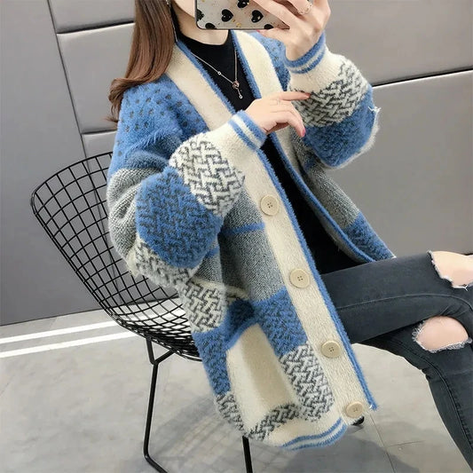 Mink Velvet Knitted Cardigan Jacket Women's 2022 New Loose Ladies Sweater Outerwear Spring And Autumn All-Match Button Jacket
