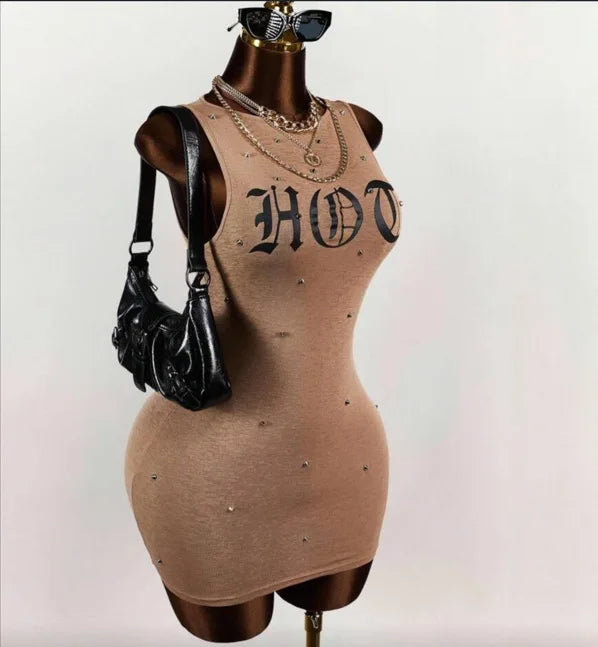 Letter Print Sleeveless Rivet Bodycon Mini Dress for Women