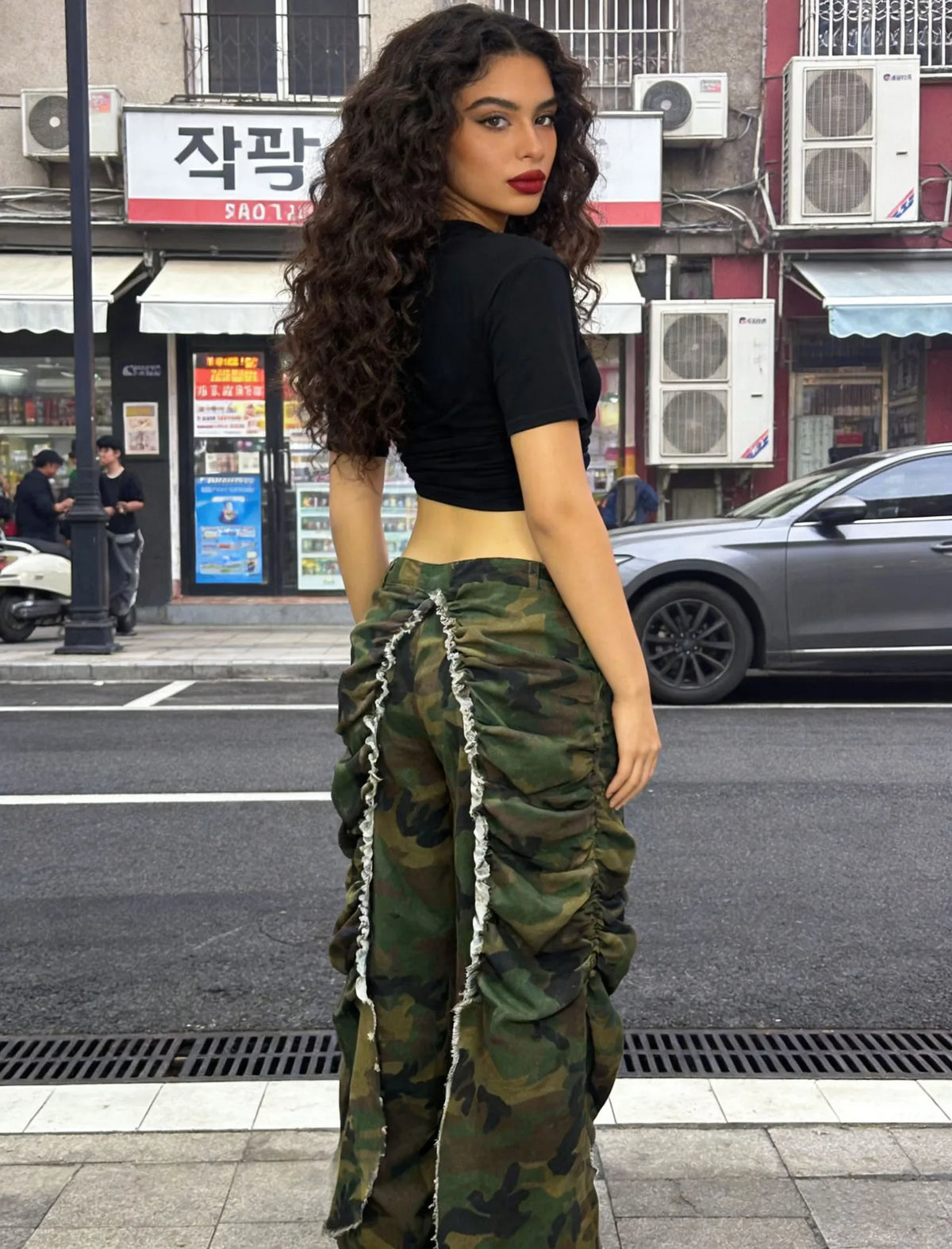 Washed Patchwork Denim Straight Pleated Pants For Women
