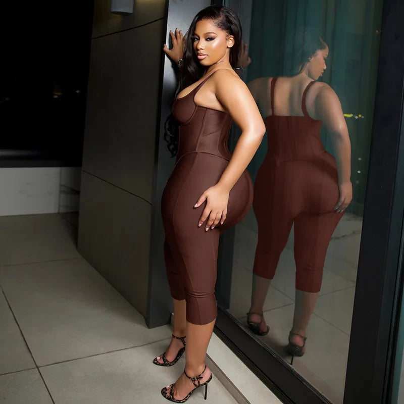 Brown Off Shoulder Corset Crop Top and Capri Pants Two Piece Set for Women
