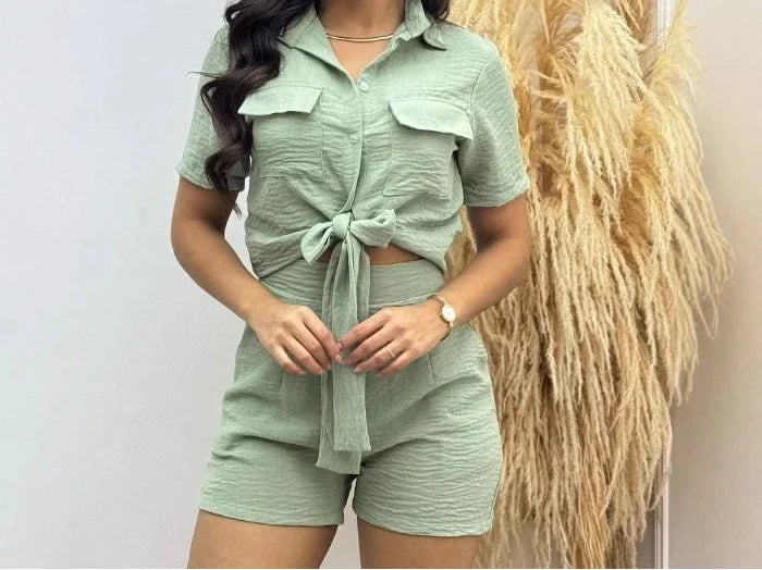 Casual Shorts 2 Piece Sets Woman Fashion Short Sleeved Lace Up Shirt and Half Pants Suit Streetwear 2025 New Spring and Summer