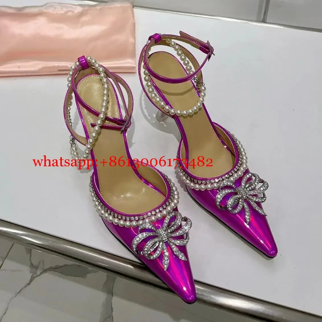 Candy Color Crystal Bow Pearls Buckle Sandals Design Women Rhinestones Bow Pointed Toe Pearls Buckle Slingback 8Cm Heel Sandals